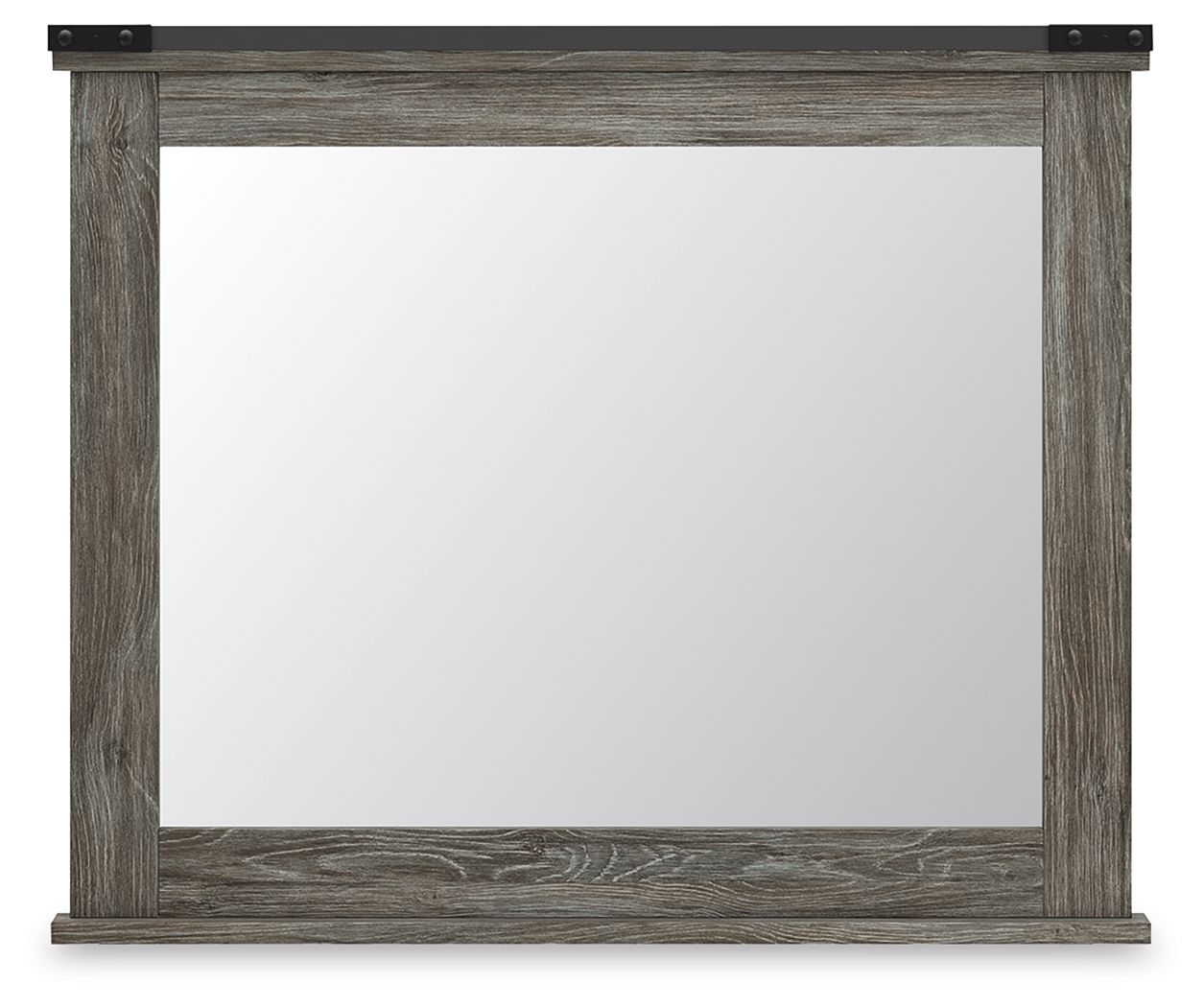 Gray framed mirror with reflective glass panel