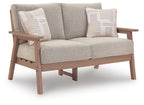 Grey two-seat loveseat with driftwood frame cushion and two striped throw pillows.