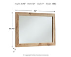 Bedroom mirror with tan brown wood frame and clear glass, rectangular shape