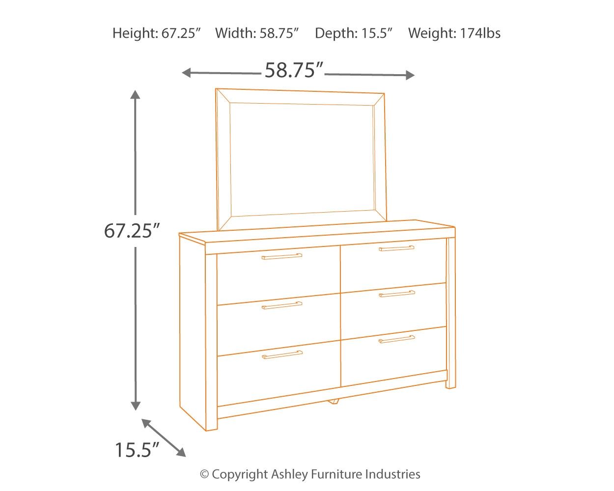 Dresser with mirror, dimensions shown on line drawing