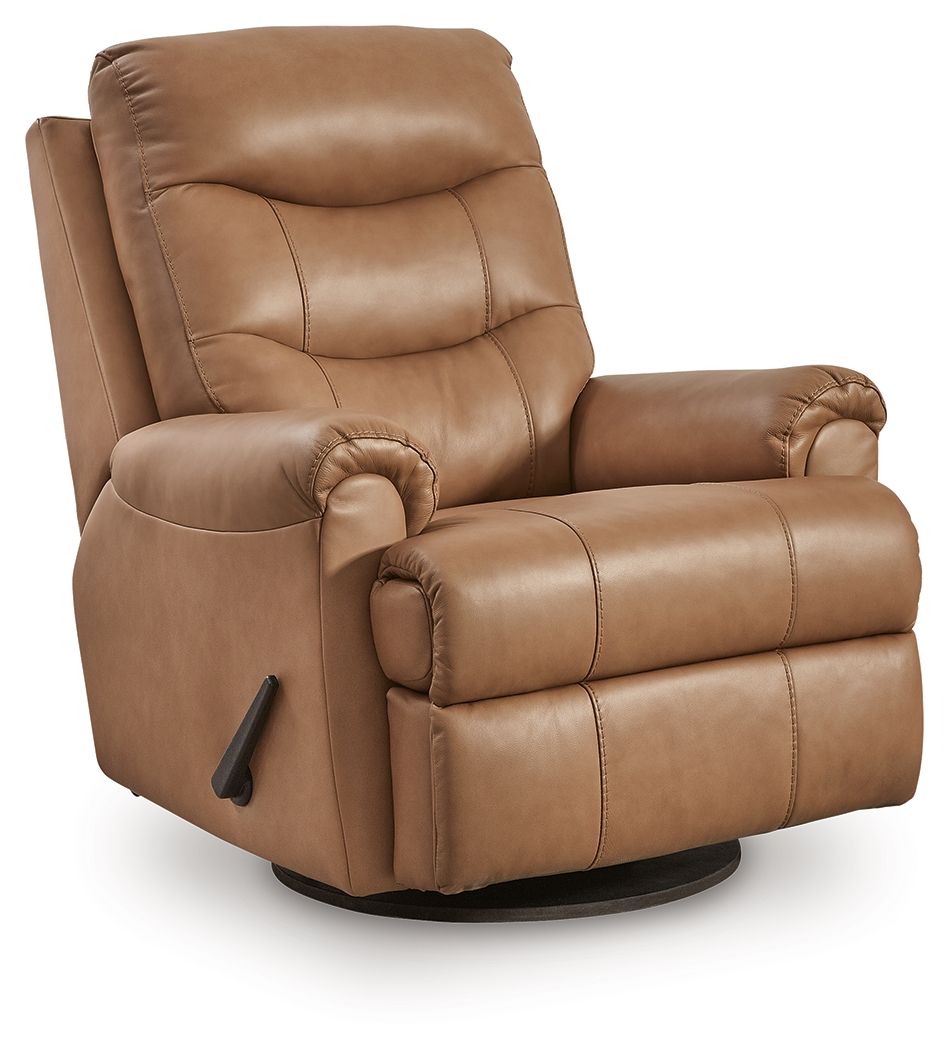 Butternut leather swivel glider recliner angled view with reclining ottoman and side lever