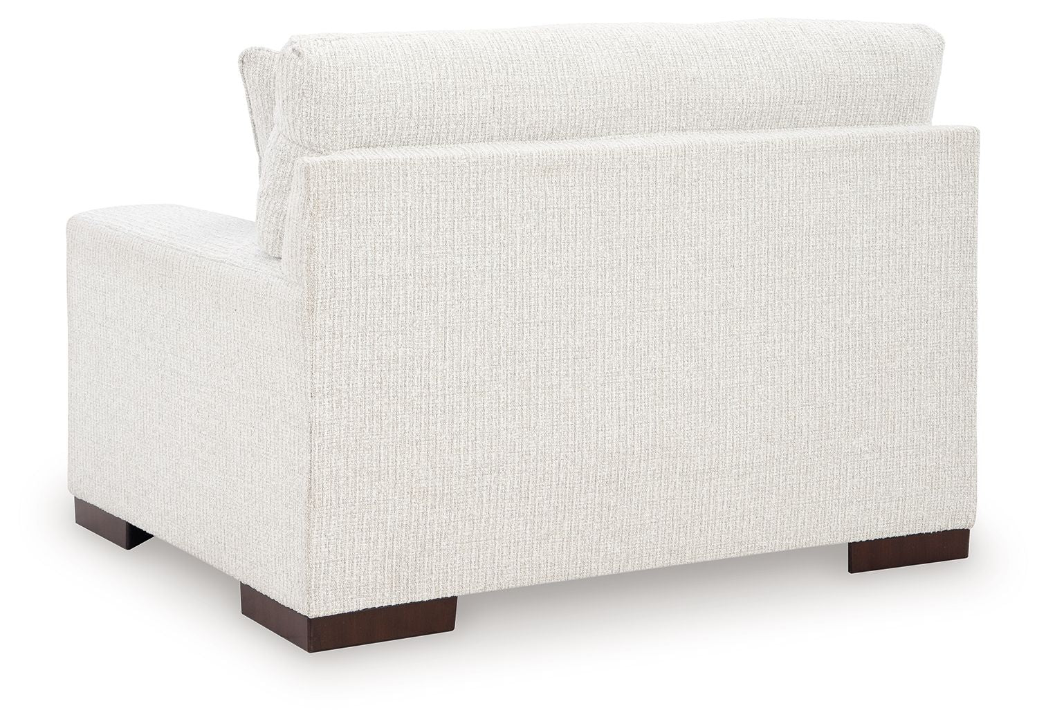 Frosted chair and a half with tall back, light textured upholstery, dark legs