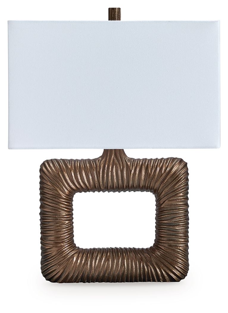 Metal table lamp base with antique brass ribbed square frame and white fabric shade