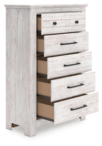 Light brown five-drawer chest with black bar handles and open drawer view