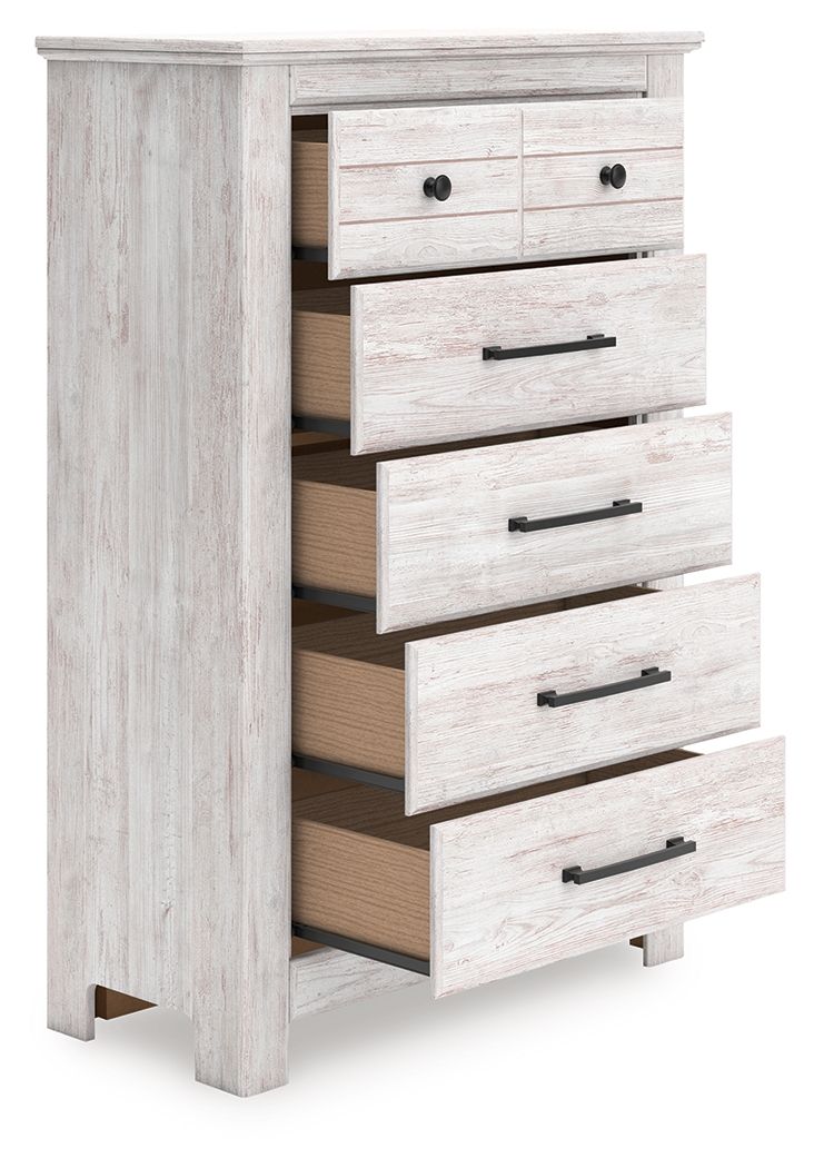 Light brown five-drawer chest with black bar handles and open drawer view
