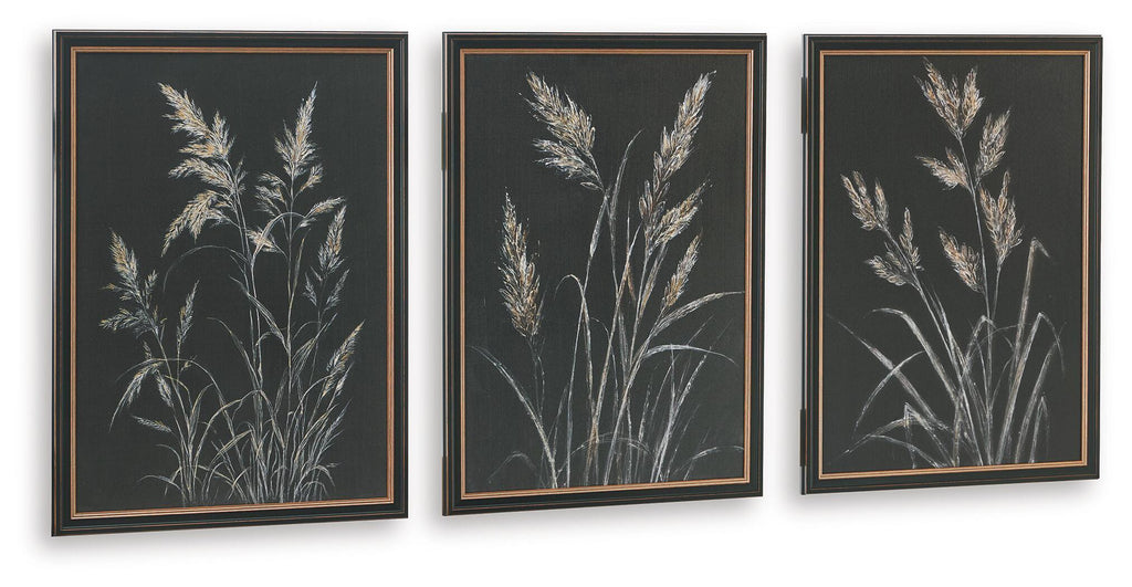 Framed botanical wall art set of 3, three dark prints with light feather sprigs