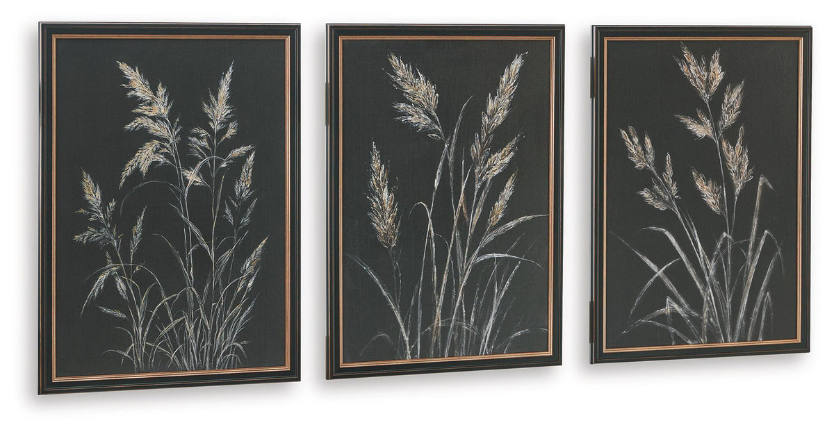 Framed botanical wall art set of 3, three dark prints with light feather sprigs