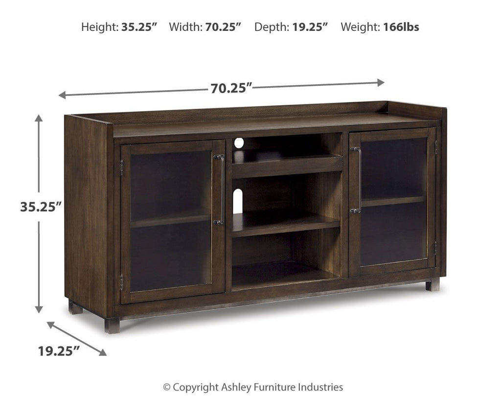 Brown TV stand diagram with two doors, open shelves, and size measurements