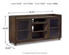 Brown TV stand diagram with two doors, open shelves, and size measurements