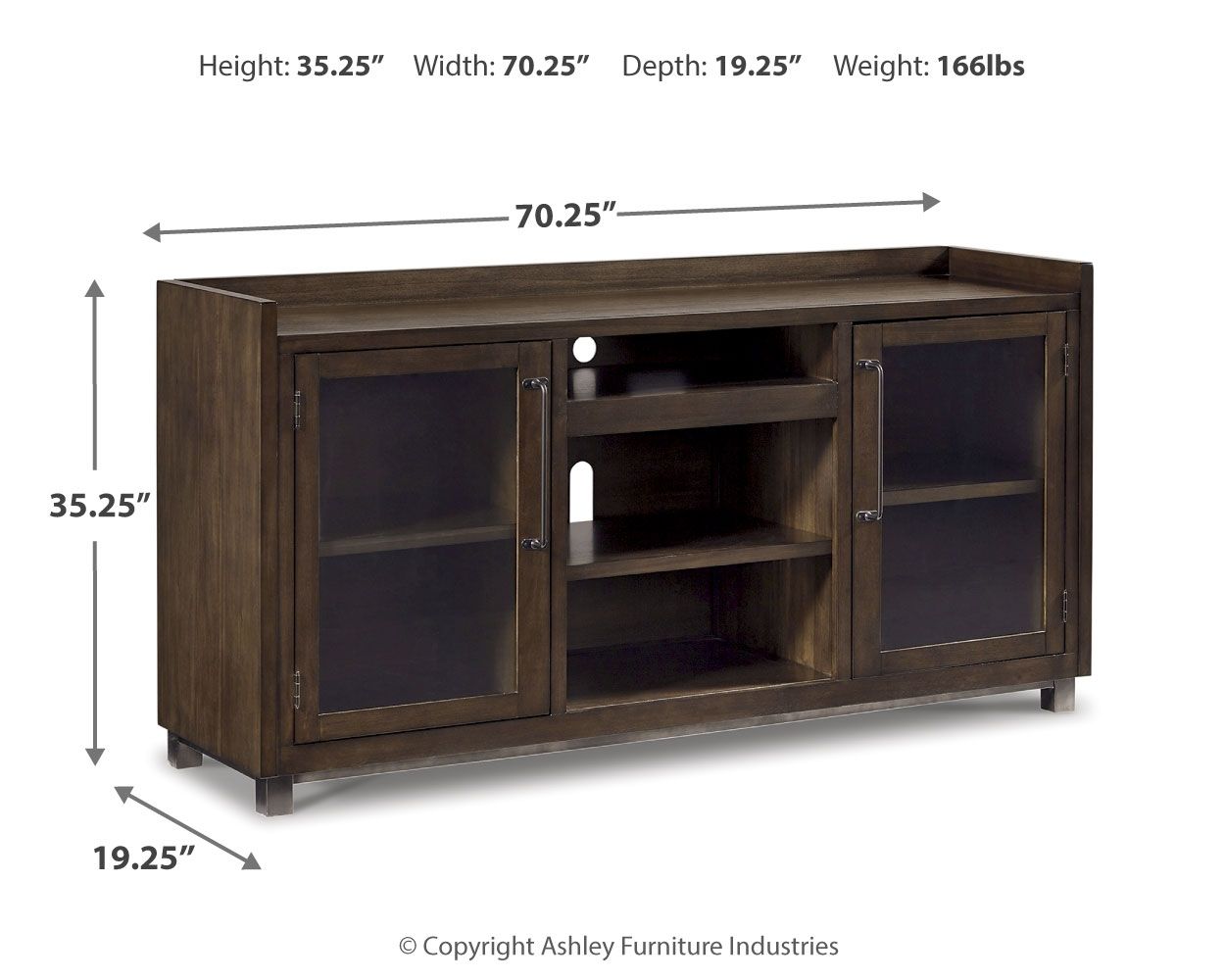 Brown TV stand diagram with two doors, open shelves, and size measurements