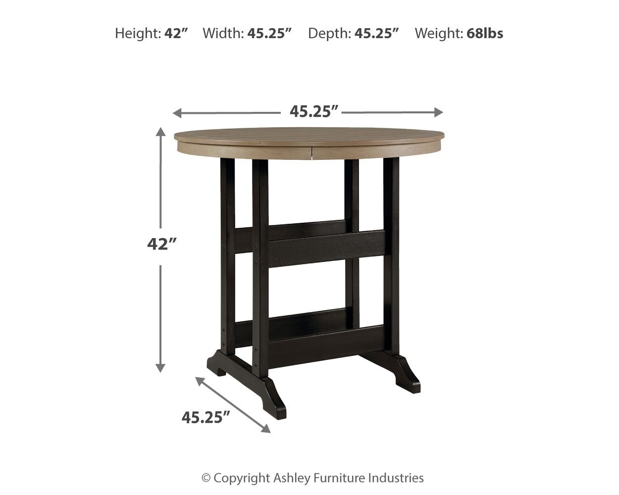 Round bar table dimensions 42H x 45.25W x 45.25D; black frame, driftwood top