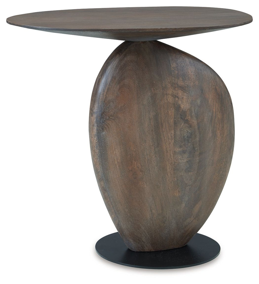 Round accent table with dark brown round top, carved oval pedestal, and black base