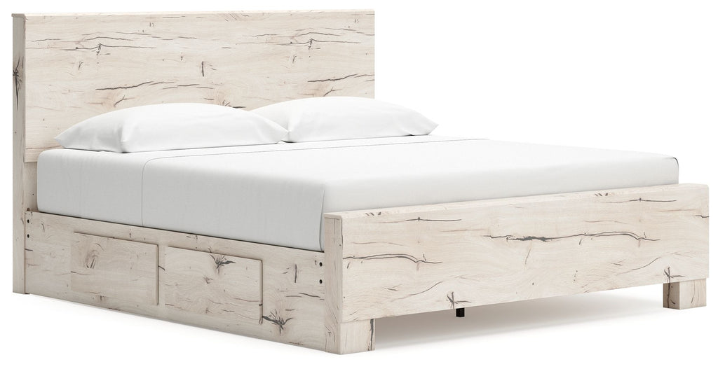 Beige panel bed with footboard storage drawers and tall slat headboard