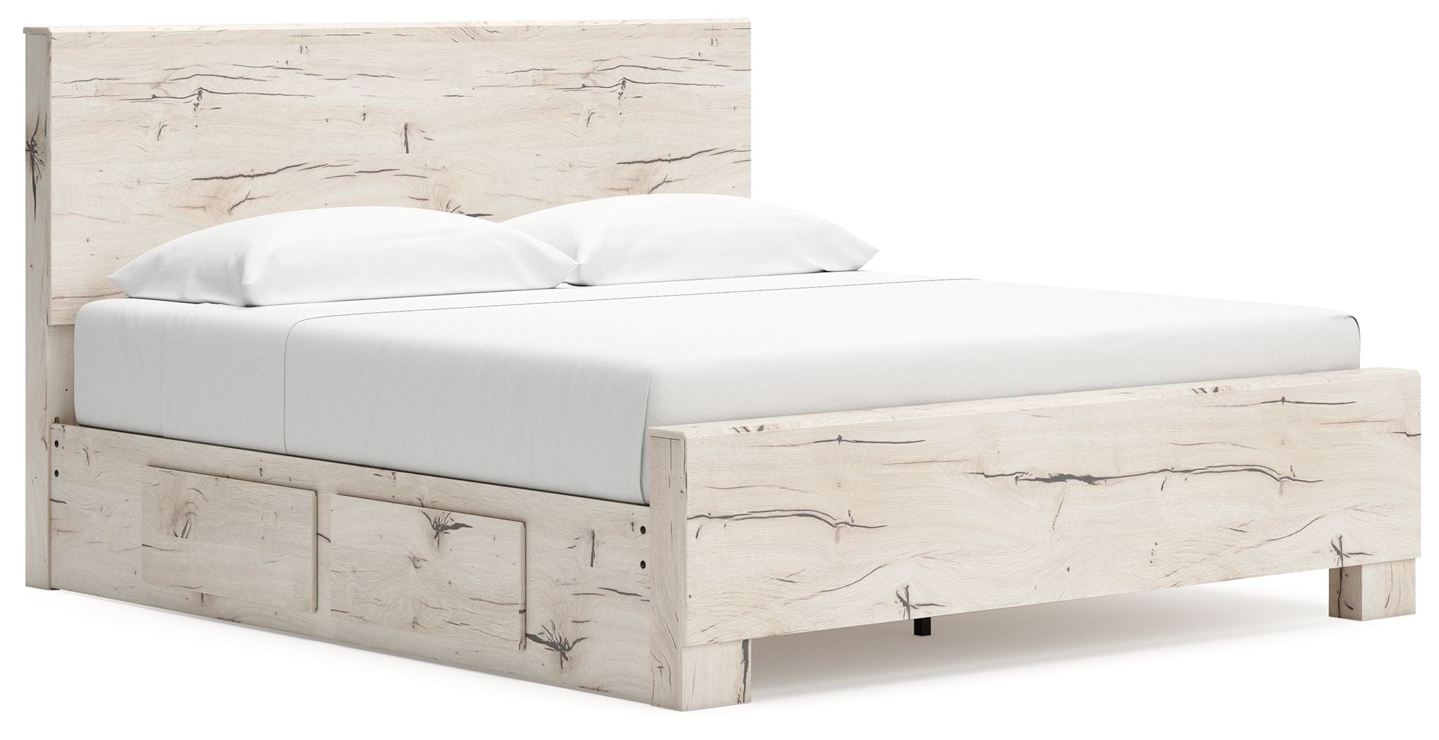 Beige panel bed with footboard storage drawers and tall slat headboard