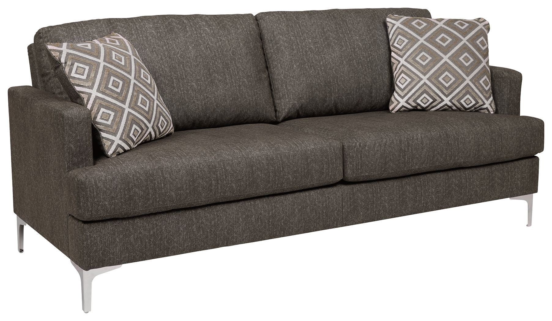 Arcola sofa with dark gray upholstery and patterned throw pillows on back