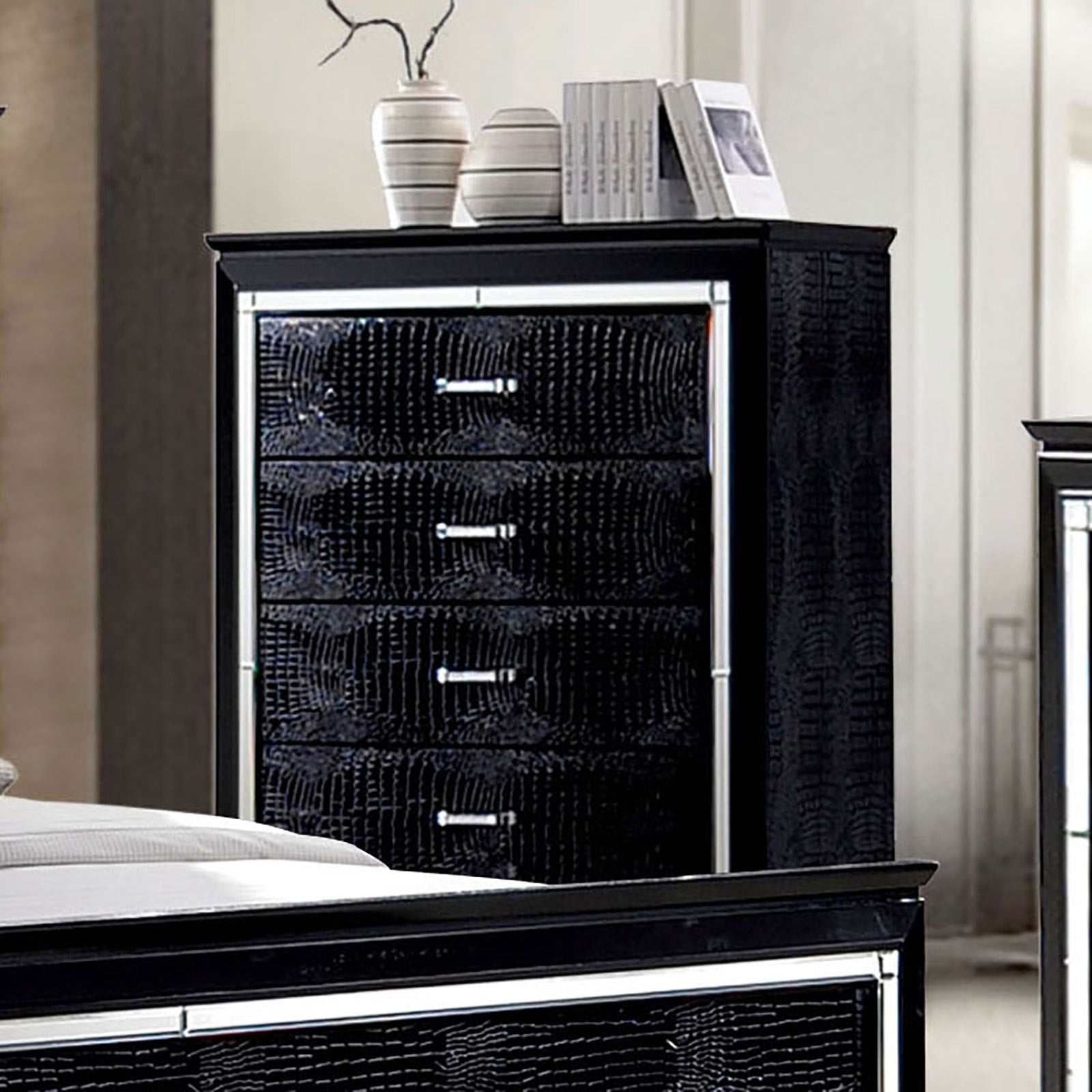 Contemporary Black 5-Drawer Crocodile Chest Diamond Handles