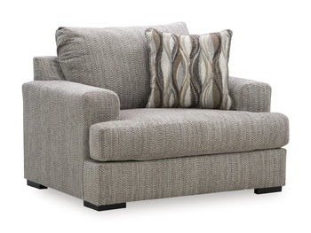 Lofwood chair and a half in gray fabric with patterned back pillow and black legs