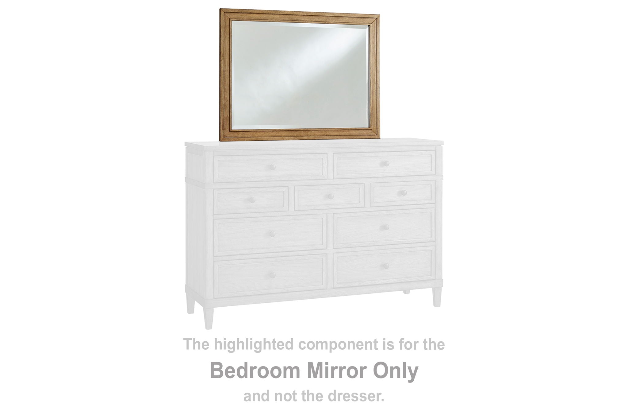 Small rectangular brown wood bedroom mirror with clear glass above dresser