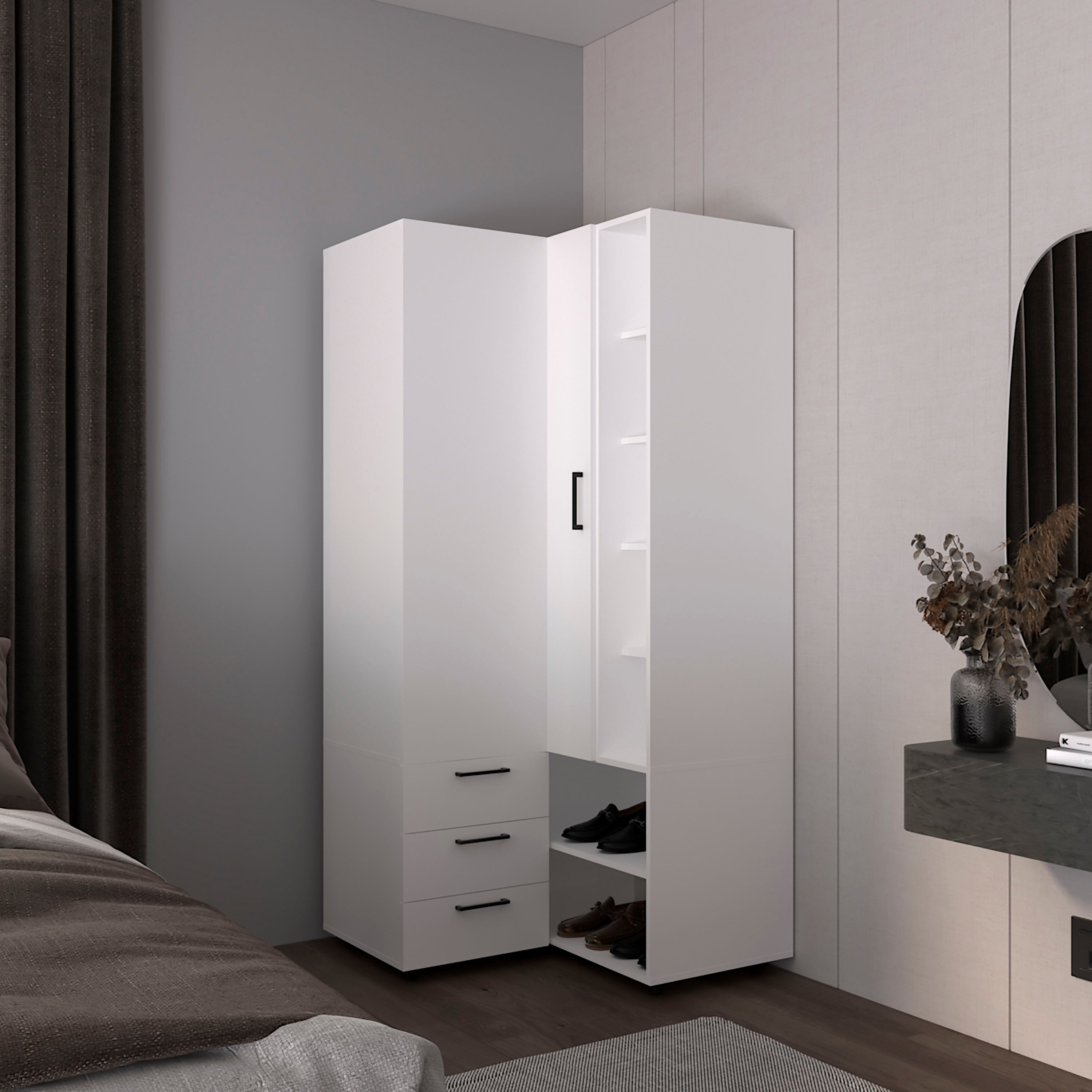 White Bedroom Armoire: Tall Storage, 3 Drawers, 7 Shelves