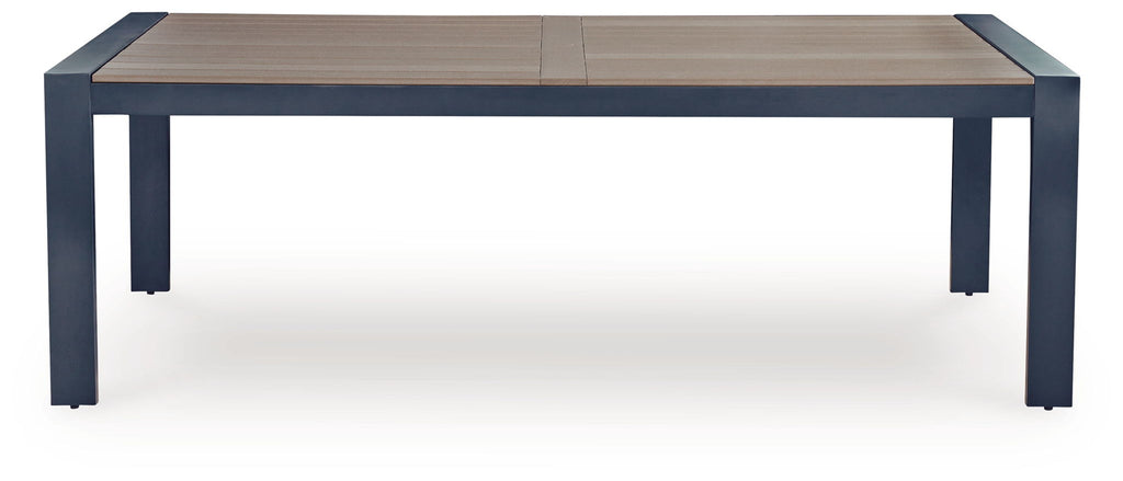 Rectangular dining table with slatted top and blue frame, front view