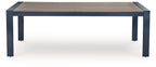 Rectangular dining table with slatted top and blue frame, front view