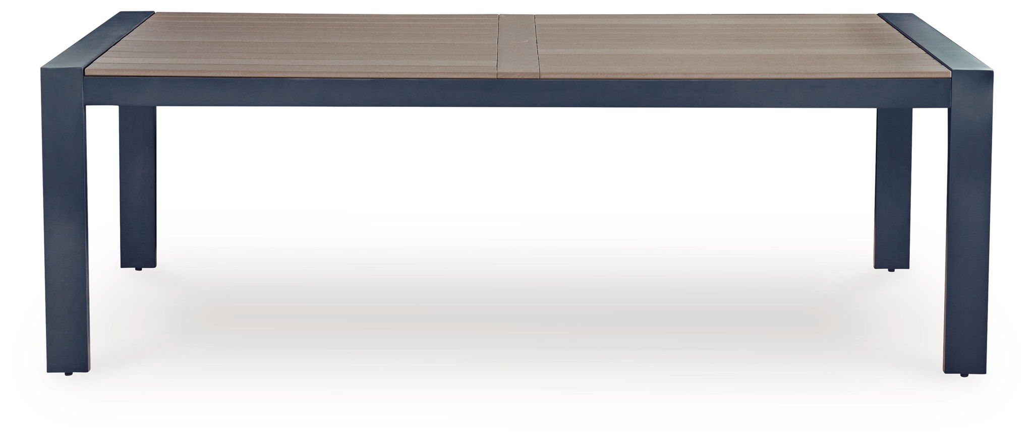 Rectangular dining table with slatted top and blue frame, front view