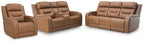 Caramel power reclining sofa set with loveseat and two recliners, three-piece arrangement