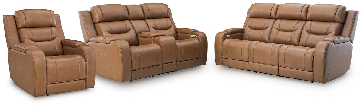 Caramel power reclining sofa set with loveseat and two recliners, three-piece arrangement