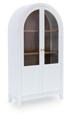 White accent cabinet with arched glass doors and two interior shelves
