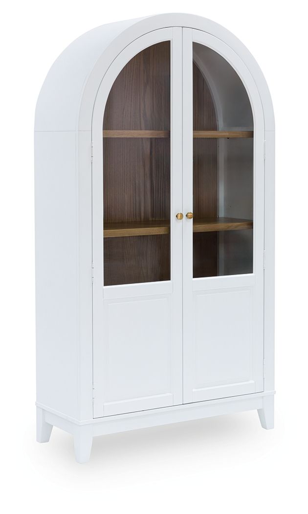 White accent cabinet with arched glass doors and two interior shelves