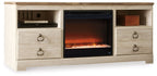 Whitewashed TV stand with glass-front fireplace insert and storage cabinets, 2 doors