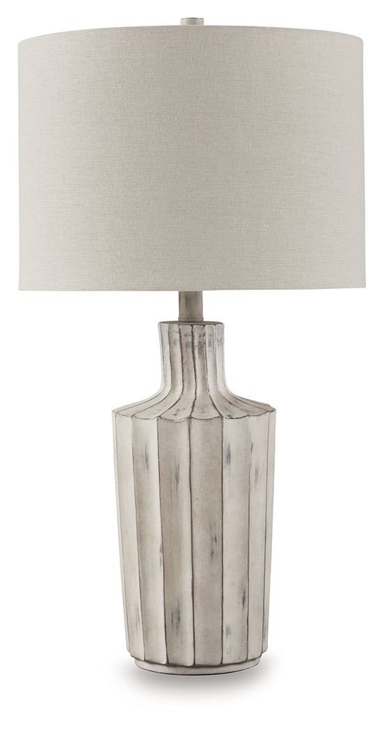 Imre poly table lamp with beige shade and distressed gray base