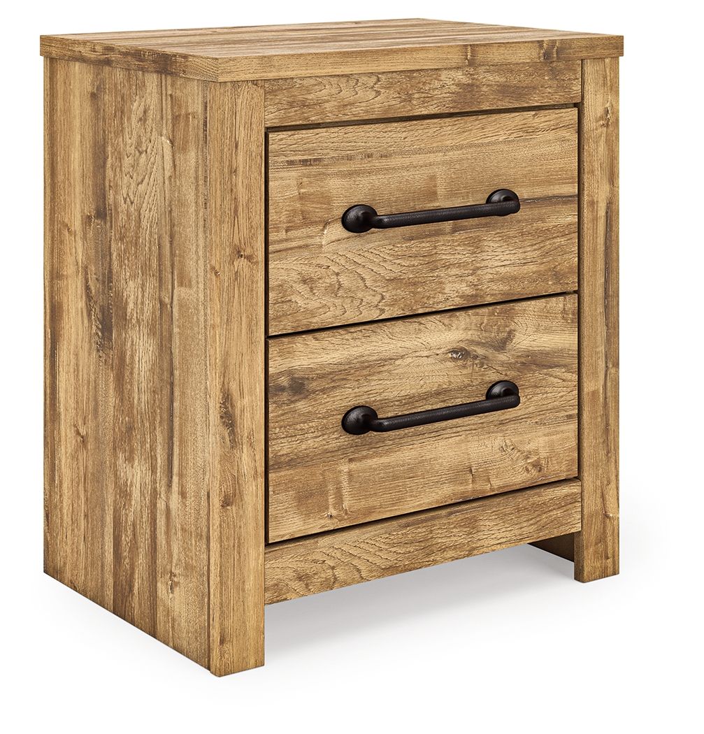 Two-drawer night stand in brown wood with two drawers and black bar handles.