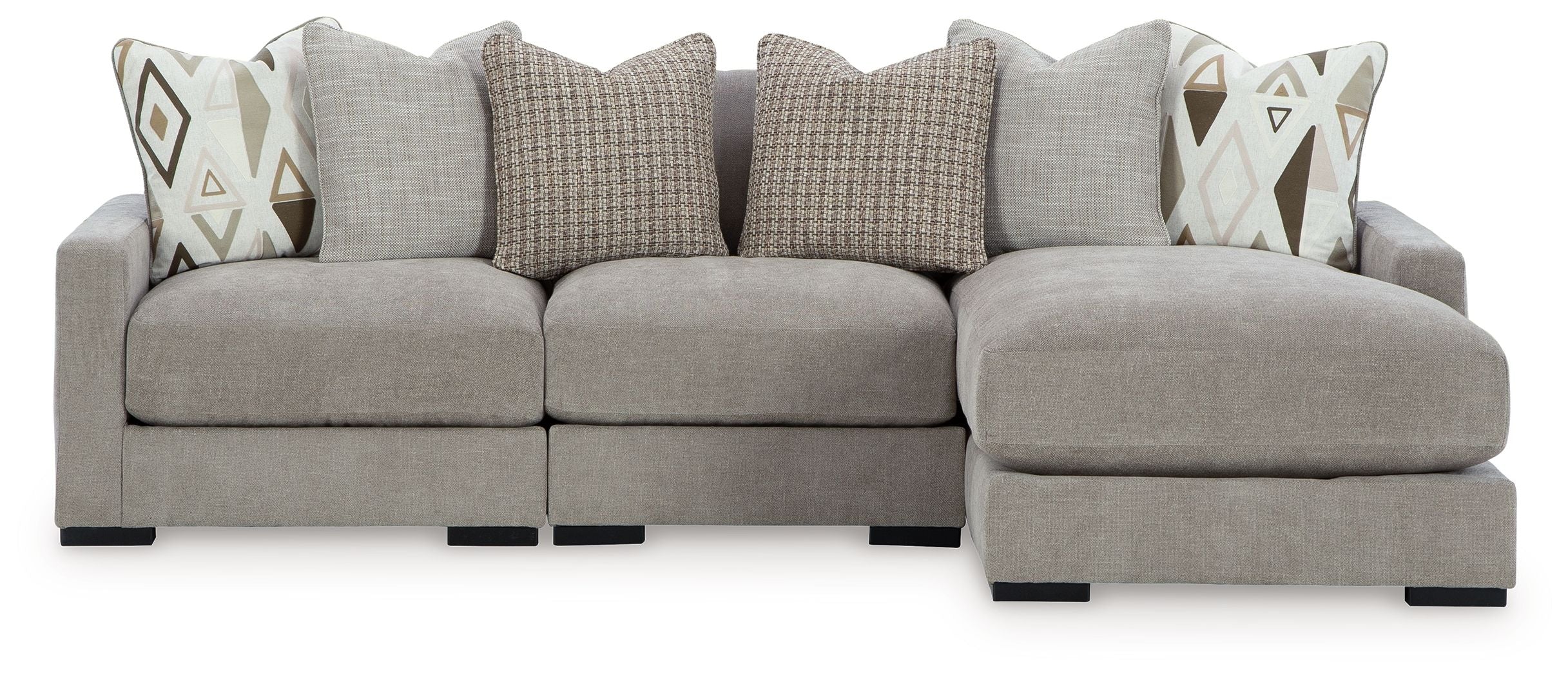 Pebble gray sectional sofa with right chaise and geometric throw accent pillows