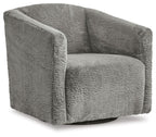 Textured charcoal gray swivel accent chair, curved arms, wide seat, side view