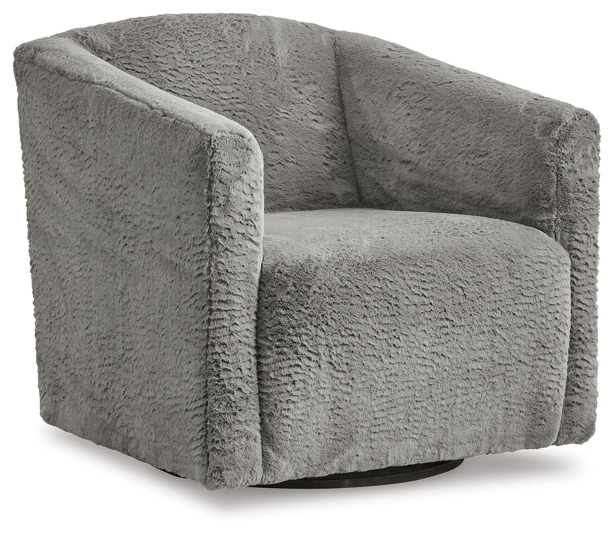 Textured charcoal gray swivel accent chair, curved arms, wide seat, side view