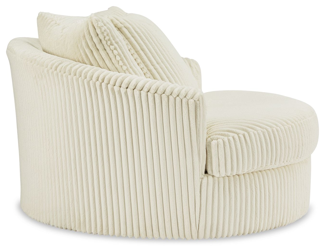 Beige oversized swivel accent chair with ribbed upholstery and curved arm profile