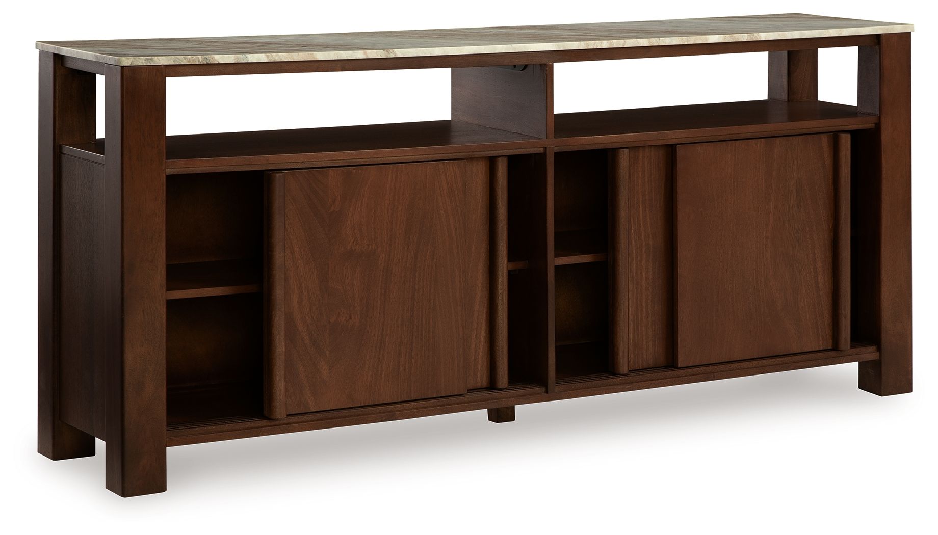 Dark brown accent cabinet with open storage compartments and partitioned shelves