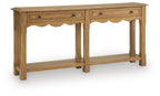 Light brown console sofa table with two drawers and open lower shelves
