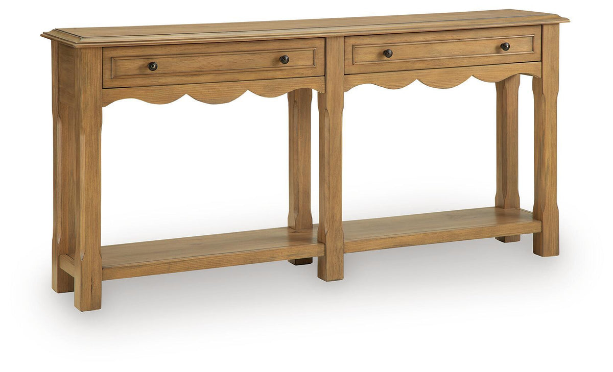 Light brown console sofa table with two drawers and open lower shelves