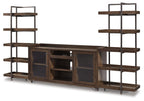 Dark brown TV stand with 3-door media cabinet and open shelving on both sides