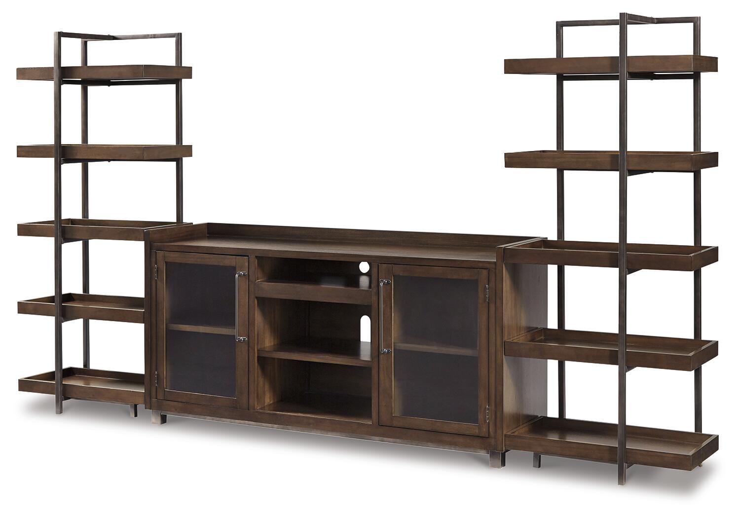 Dark brown TV stand with 3-door media cabinet and open shelving on both sides
