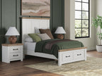 White panel storage bed with underbed drawers and footboard platform, paneled sides
