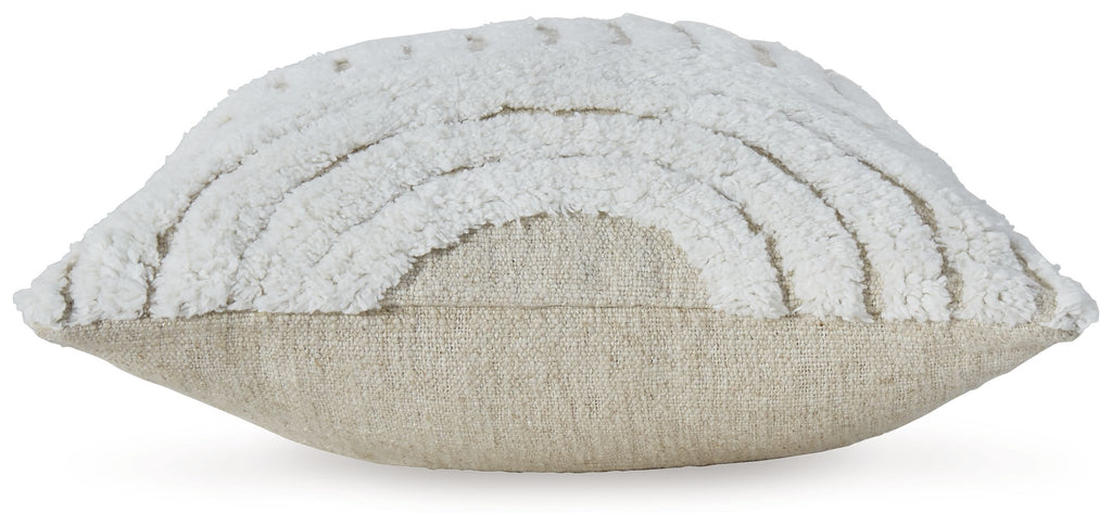 Woven decorative pillow, light gray with curved stripe embroidery