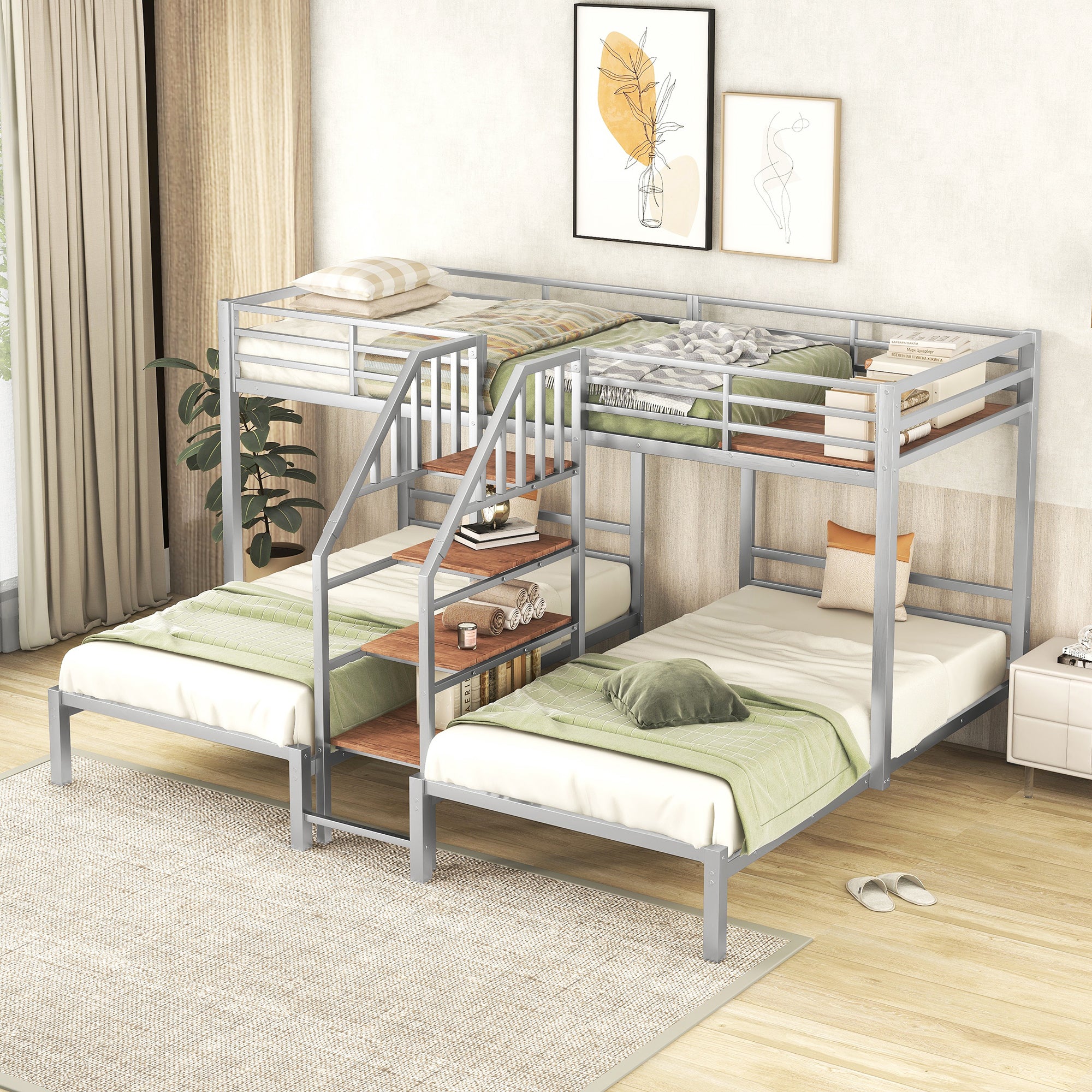 Metal Triple Bunk Bed with Storage & Staircase, Twin/Twin/Twin, Silver