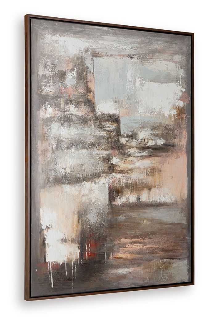 Abstract wall art painting with beige and gray blocks, dark accents, in wooden frame