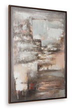 Abstract wall art painting with beige and gray blocks, dark accents, in wooden frame
