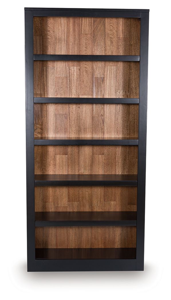 Tall brown-and-black bookcase with four open shelves