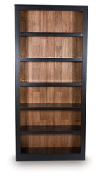 Tall brown-and-black bookcase with four open shelves