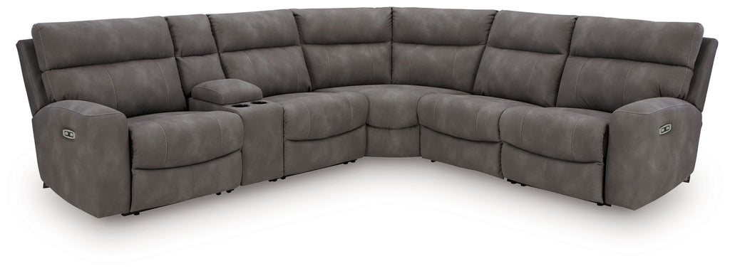 Dark gray power reclining sectional sofa with corner chaise and raised arm panels